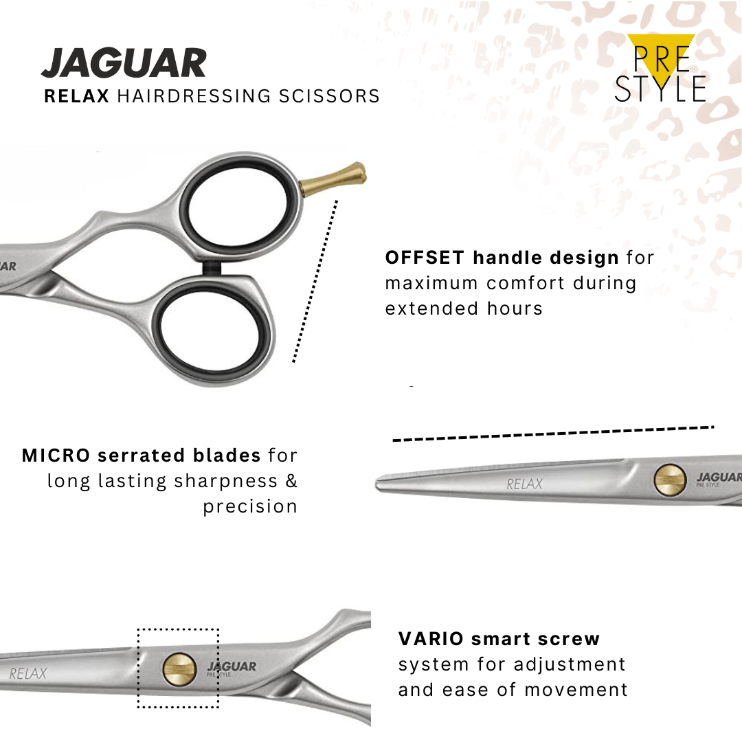RELAX professional hairdressing scissors with a sleek satin finish, ergonomic offset design, and 28 teeth for precise texturing. Pair with the matching RELAX hair scissors or RELAX 43 texturing scissors, available in our online shop.