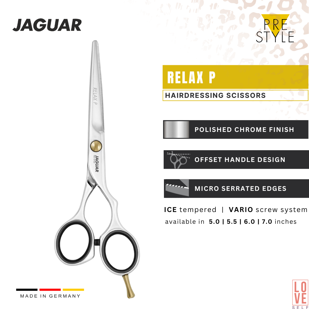 Jaguar RELAX P hairdressing scissors showcasing a polished finish, designed for hairstylists seeking quality and reliability at an affordable price. Available in various sizes, these scissors are perfect for any basic styling needs. Matching texturing scissors RELAX P 28 and satin finish option RELAX SLICE also available