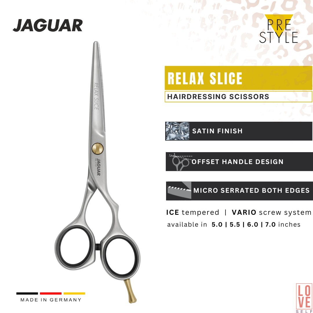 The RELAX SLICE hairdressing scissors from JAGUAR offer excellent quality and reliability at an attractive price point, featuring a satin finish and available in various sizes, making them an ideal basic model for any hairstylist. For a polished finish, consider the RELAX P SLICE model. Additionally, the BASIC SET RELAX SLICE includes the RELAX SLICE scissors along with matching texturing scissors, the RELAX 28, providing versatile tools for professional styling