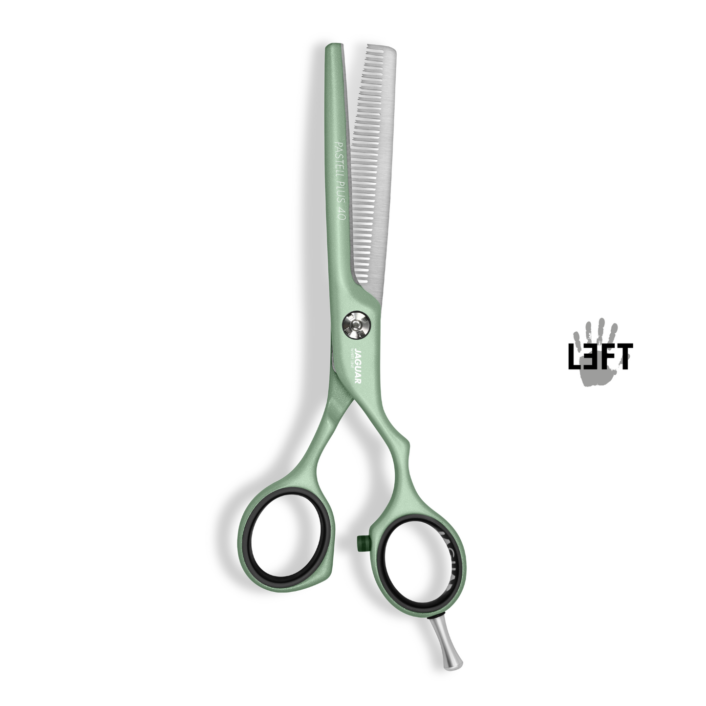 Jaguar Left Hand PASTEL PLUS OFFSET 40 Matcha Texturing Scissors | White Line Hair Scissors.