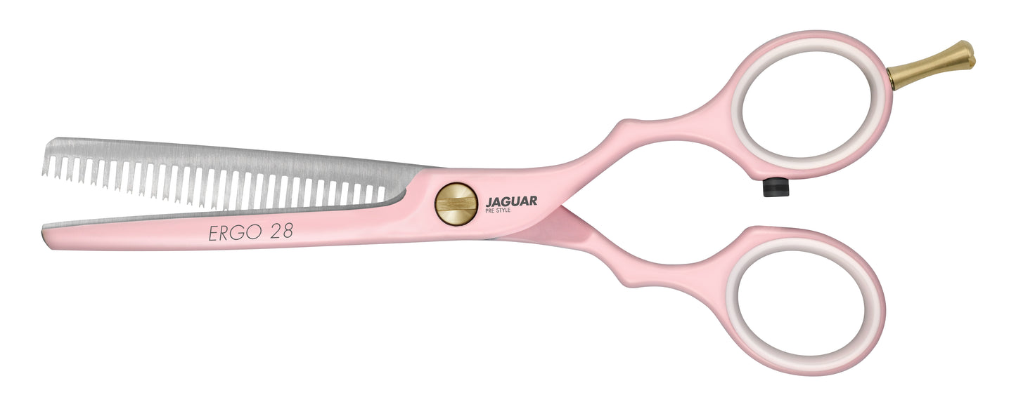 "JAGUAR ERGO 28 PINK 5.5” texturing scissors with vibrant pink coating, featuring 28 thinning teeth for precision styling. Nickel allergy-protection coating ensures safety, making these scissors ideal for professional hairstylists. Also available in polished and satin finishes