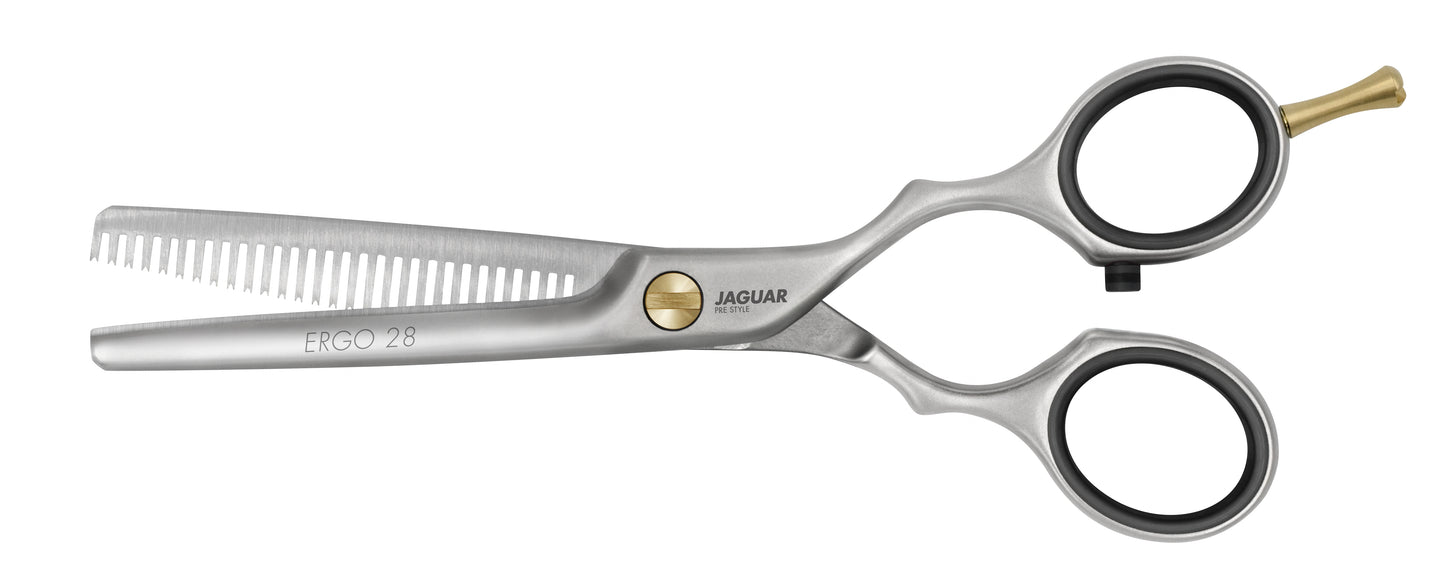 JAGUAR ERGO 28 5.5-inch texturing scissors with 28 thinning teeth, satin finish, and classic design for hairstylists. Affordable and reliable, also available in polished and pink finishes. Shown as part of the ERGO BASIC SET with matching hairdressing scissors