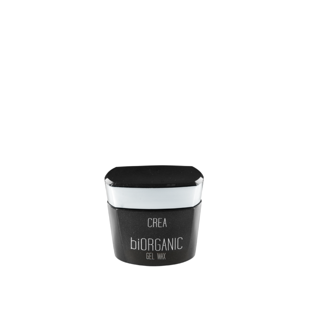 A black container of Maxxelle Crea BioOrganic Gel Wax with a silver lid promises a glossy finish and strong hold, perfect for hair styling.