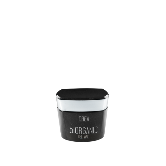 A black container of Maxxelle Crea BioOrganic Gel Wax with a silver lid promises a glossy finish and strong hold, perfect for hair styling.