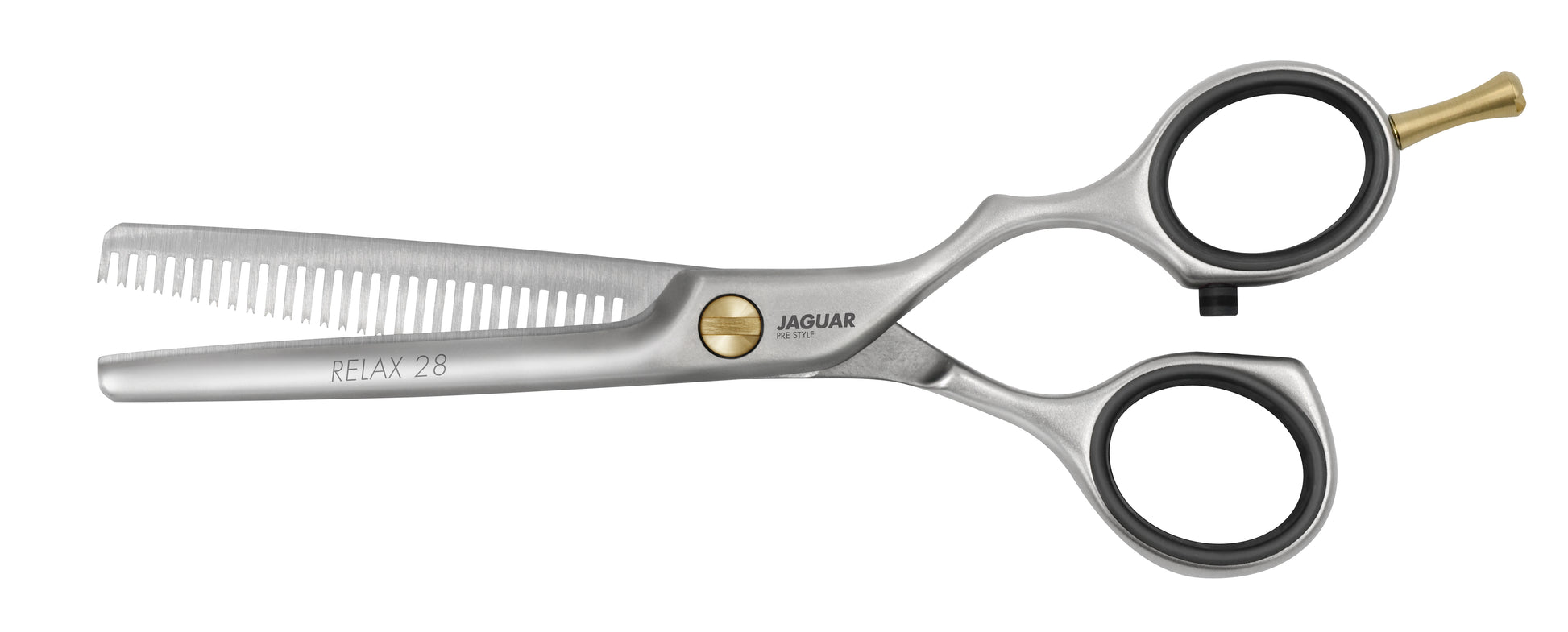 "RELAX 28 Texturing Scissors by JAGUAR – 5.5” professional hairdressing scissors with a sleek satin finish, ergonomic offset design, and 28 teeth for precise texturing. Pair with the matching RELAX hair scissors or RELAX 43 texturing scissors, available in our online shop.