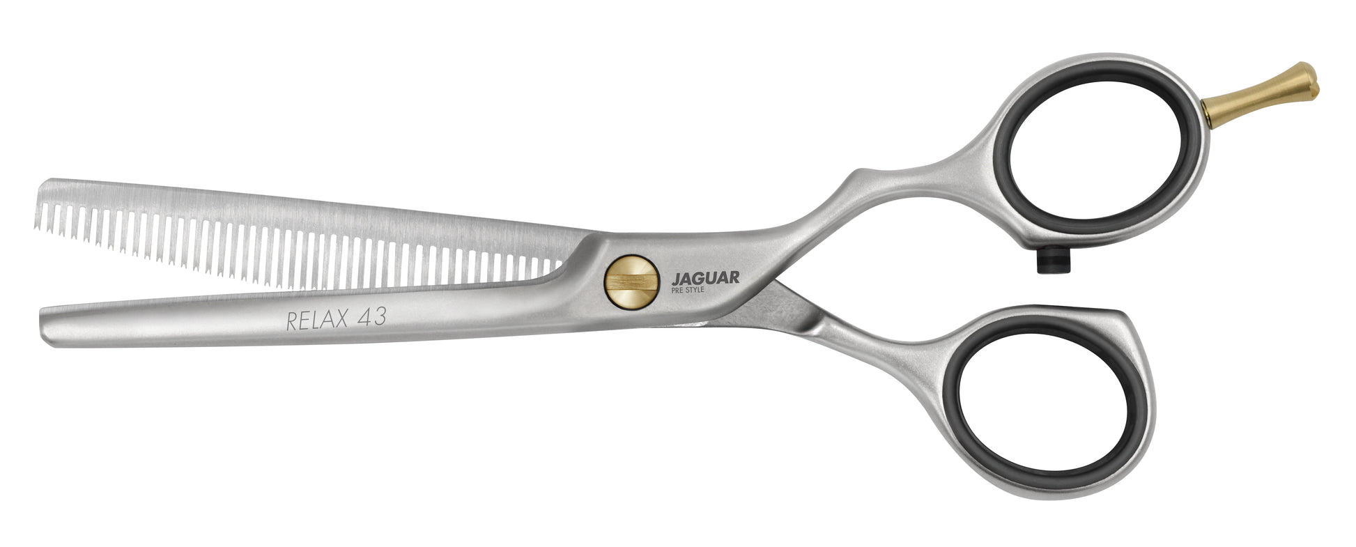 RELAX 43 Texturing Scissors by JAGUAR - 6.0-inch ergonomic offset design with sleek satin finish, offering quality, reliability, and affordability for professional stylists. Pair it with the matching RELAX hair scissors or the RELAX 28 texturing scissors with 28 teeth. Perfect tool for precise texturizing.