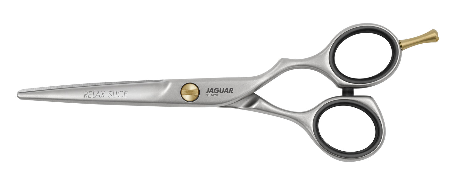 The RELAX SLICE hairdressing scissors from JAGUAR offer excellent quality and reliability at an attractive price point, featuring a satin finish and available in various sizes, making them an ideal basic model for any hairstylist. For a polished finish, consider the RELAX P SLICE model. Additionally, the BASIC SET RELAX SLICE includes the RELAX SLICE scissors along with matching texturing scissors, the RELAX 28, providing versatile tools for professional styling