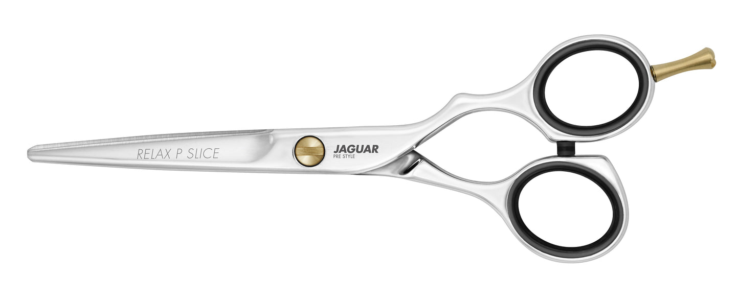 RELAX P SLICE hairdressing scissors by JAGUAR, featuring a polished finish and available in various sizes. Ideal for hairstylists seeking quality and reliability. Matching texturing scissors, RELAX P 28, also available. Satin finish version of RELAX SLICE is included.