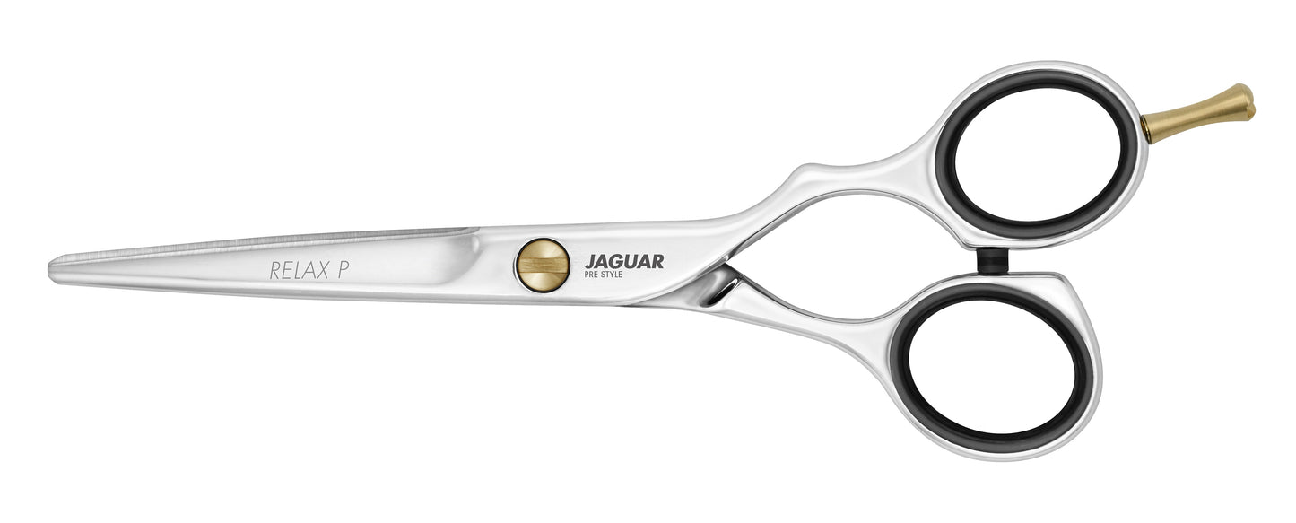 Jaguar RELAX P hairdressing scissors showcasing a polished finish, designed for hairstylists seeking quality and reliability at an affordable price. Available in various sizes, these scissors are perfect for any basic styling needs. Matching texturing scissors RELAX P 28 and satin finish option RELAX SLICE also available