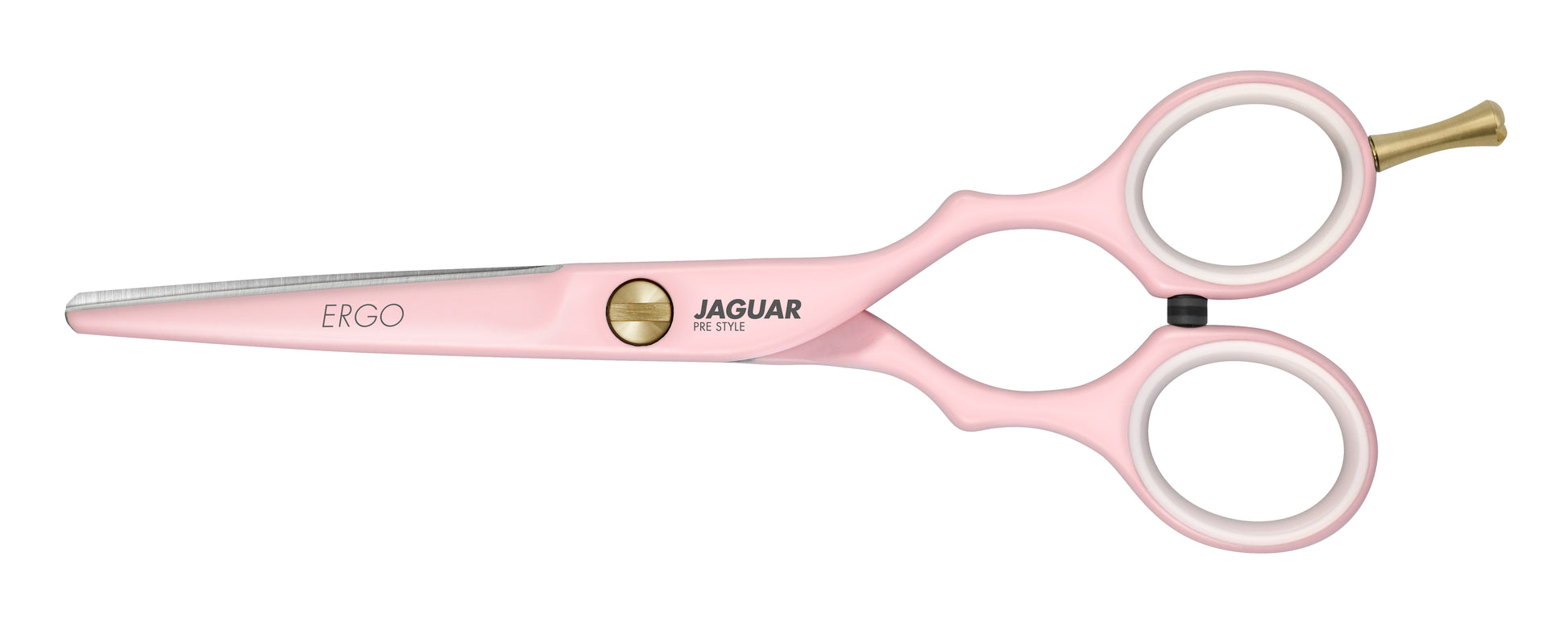 JAGUAR ERGO PINK 5.5-inch hairdressing scissors with a stylish pink design, featuring micro-serration for precise cutting. The high-quality coating protects against nickel allergies, making it a dependable and affordable choice for professional hairstylists.