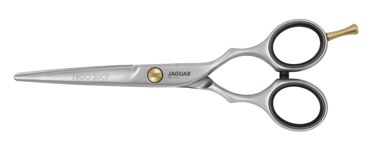 JAGUAR ERGO SLICE hairdressing scissors with sleek satin finish and classic design, perfect for hairstylists seeking quality and affordability. Available in various sizes, and also in polished ERGO P SLICE version. BASIC SET includes matching ERGO 28 texturing scissors.