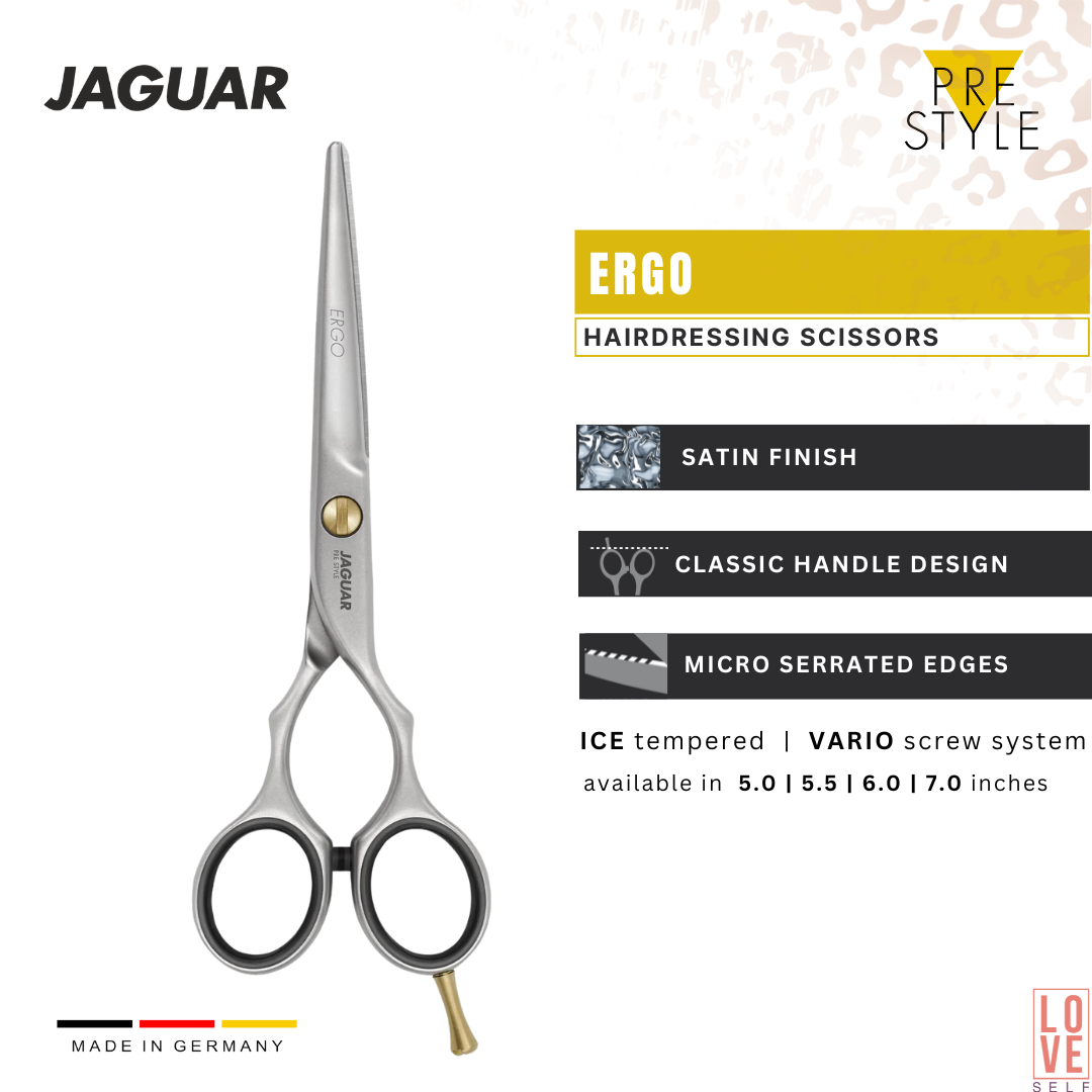 JAGUAR ERGO hairdressing scissors with a satin finish, classic design, and micro serration on one blade. Available in various sizes, these reliable, high-quality, and affordable scissors are ideal for hairstylists. Shown alongside the ERGO BASIC SET with matching texturing scissors ERGO 28.