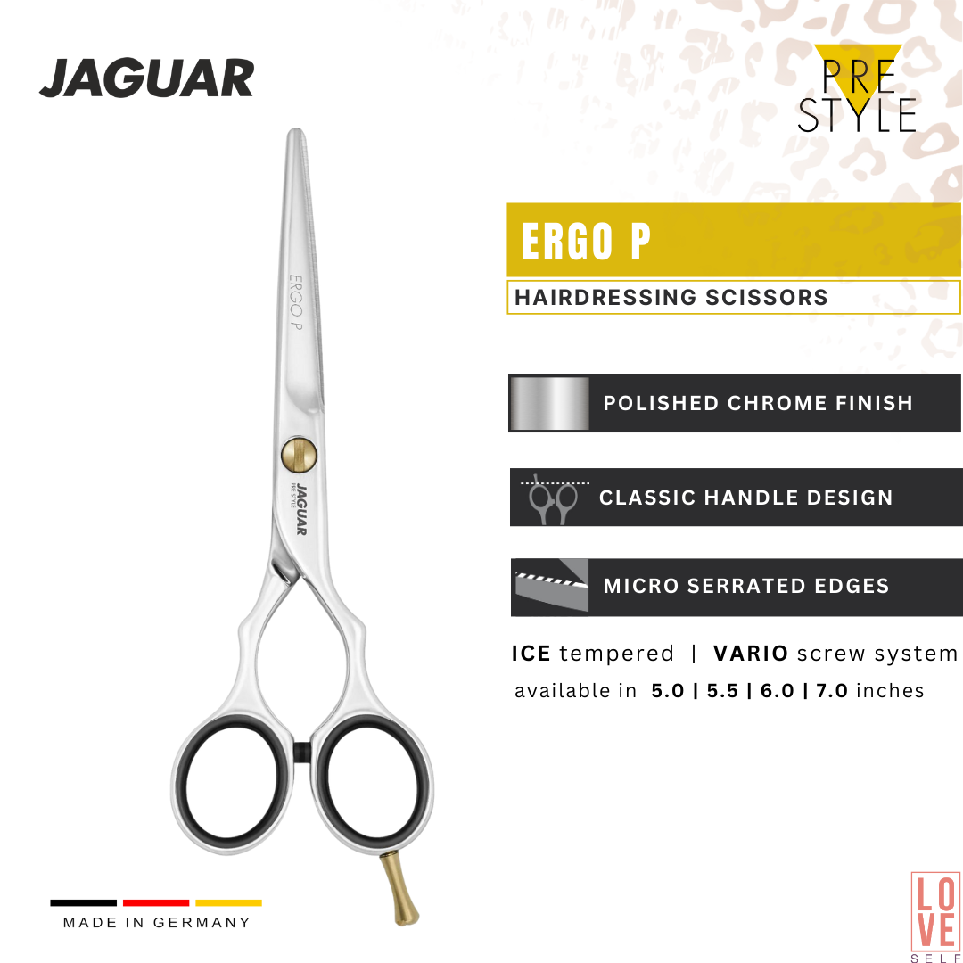 JAGUAR ERGO P hairdressing scissors with polished finish, available in various sizes. A reliable, affordable choice for hairstylists with micro-serrations on one side for precision cutting. Also available in satin finish and as ERGO SLICE model.