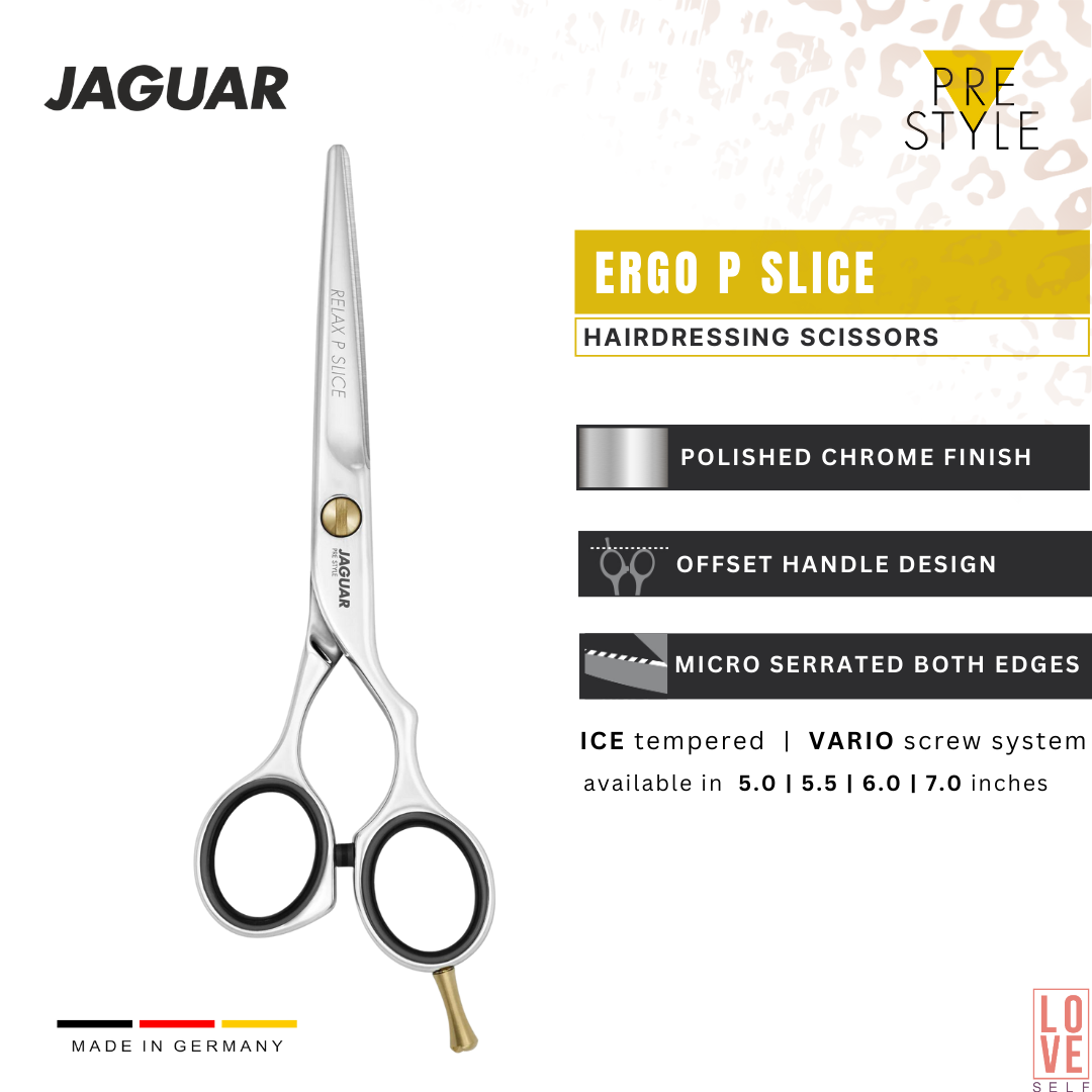 JAGUAR ERGO P SLICE hairdressing scissors in polished finish, offering exceptional quality, reliability, and affordability for hairstylists. Classic design available in multiple sizes, ideal as a basic model. Matching ERGO P 28 texturing scissors and satin-finish ERGO SLICE model also available.