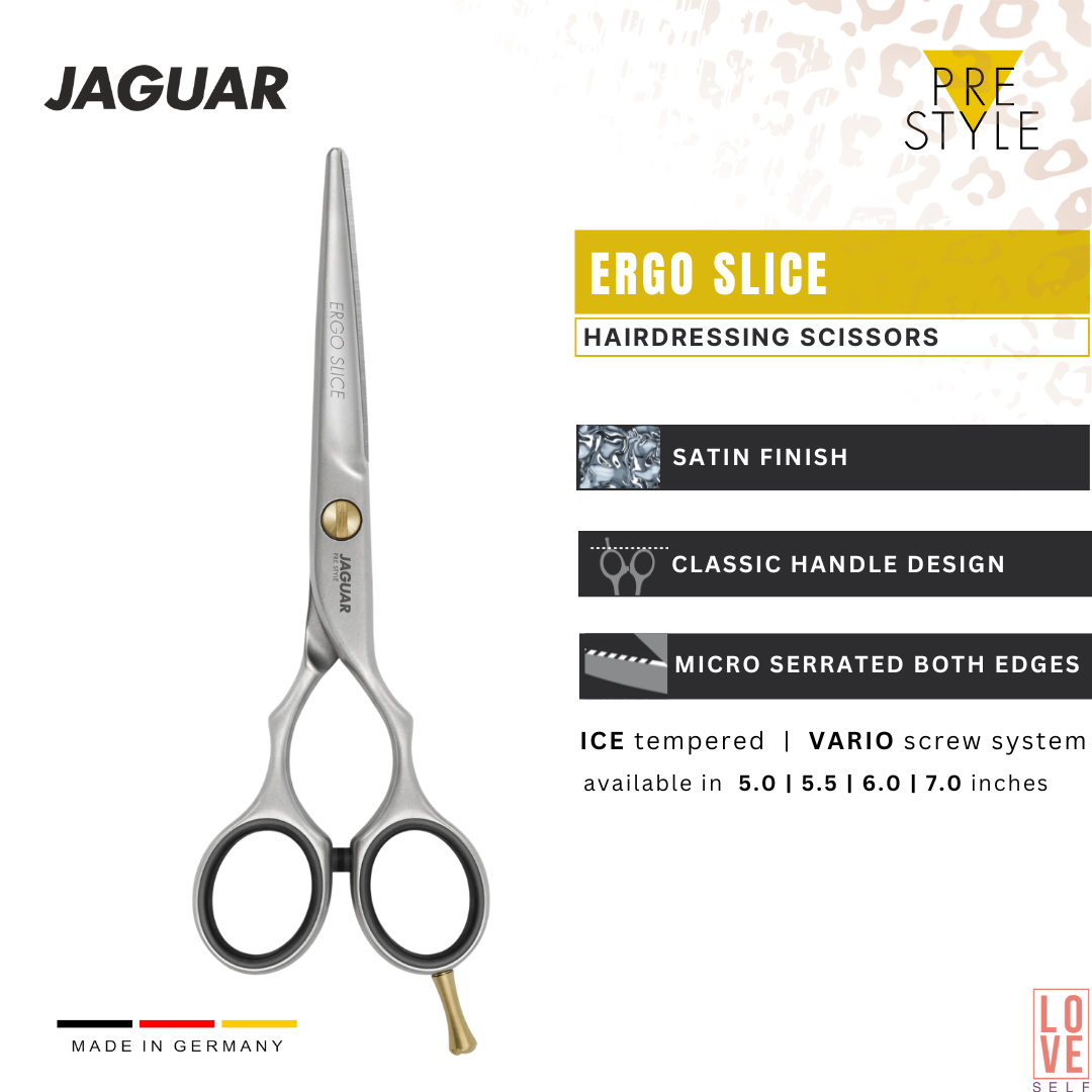 JAGUAR ERGO SLICE hairdressing scissors with sleek satin finish and classic design, perfect for hairstylists seeking quality and affordability. Available in various sizes, and also in polished ERGO P SLICE version. BASIC SET includes matching ERGO 28 texturing scissors.