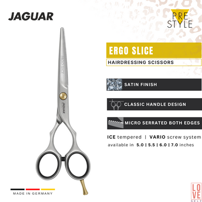 JAGUAR ERGO SLICE hairdressing scissors with sleek satin finish and classic design, perfect for hairstylists seeking quality and affordability. Available in various sizes, and also in polished ERGO P SLICE version. BASIC SET includes matching ERGO 28 texturing scissors.