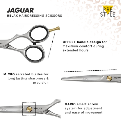 RELAX professional hairdressing scissors with a sleek satin finish, ergonomic offset design, and 28 teeth for precise texturing. Pair with the matching RELAX hair scissors or RELAX 43 texturing scissors, available in our online shop.