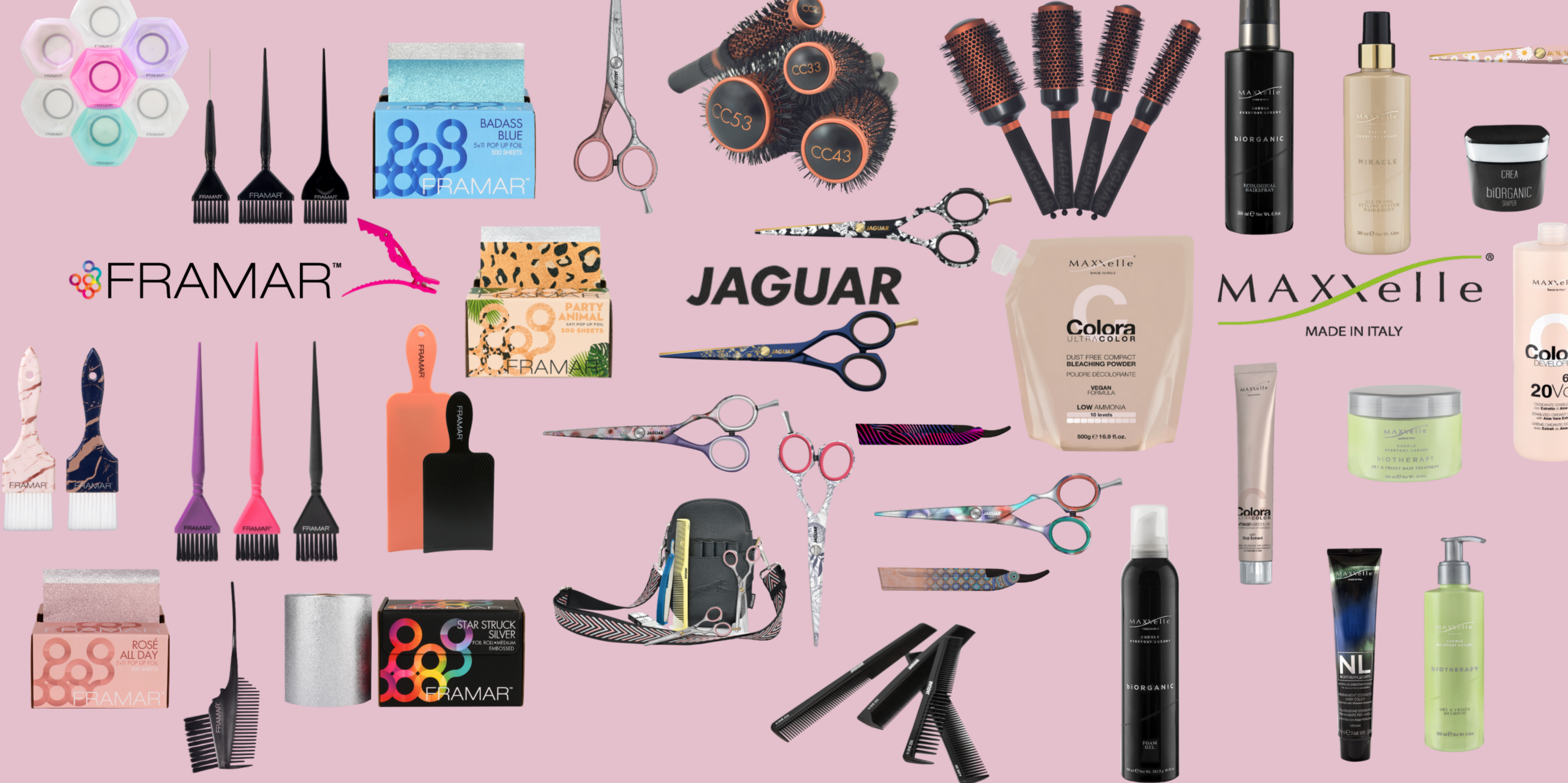 Premium salon products including Jaguar hair cutting scissors, brushes, razors, combs set, Framar coloring brushes, foils, clips, and Maxxelle shampoos, treatments, hair colors, styling gels, sprays, and wax for professional hair care