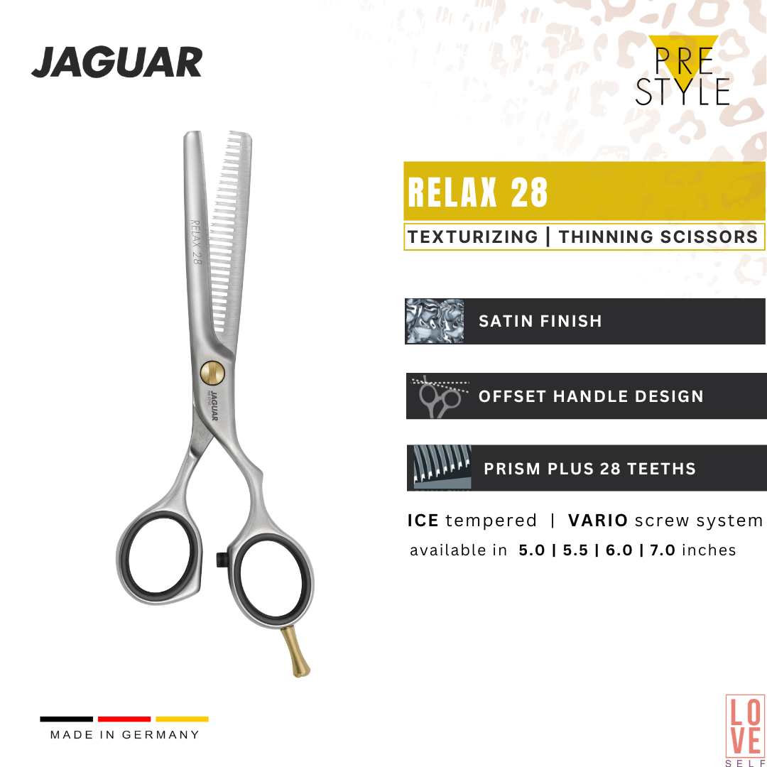 "RELAX 28 Texturing Scissors by JAGUAR – 5.5” professional hairdressing scissors with a sleek satin finish, ergonomic offset design, and 28 teeth for precise texturing. Pair with the matching RELAX hair scissors or RELAX 43 texturing scissors, available in our online shop.