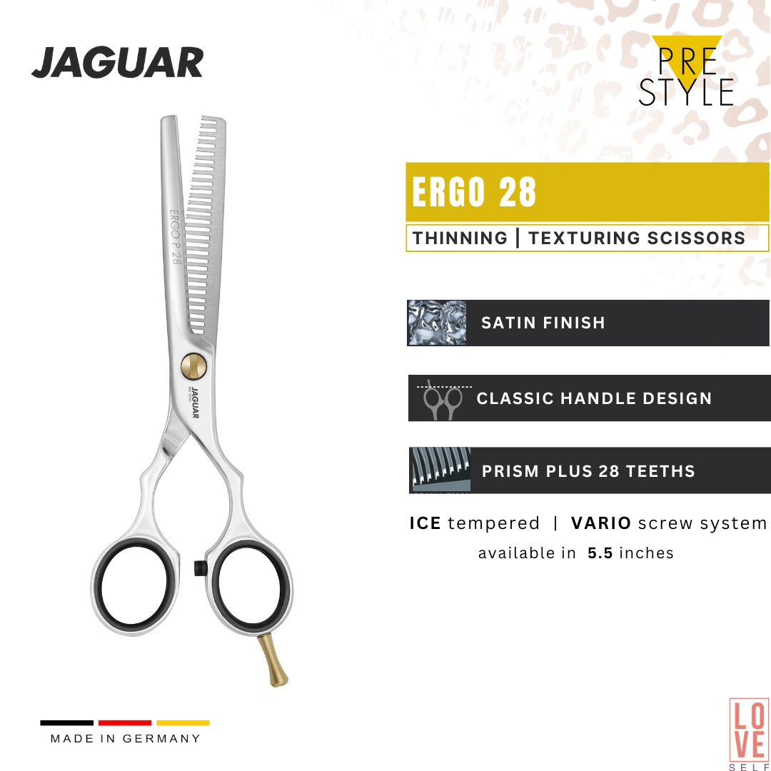 JAGUAR ERGO 28 5.5-inch texturing scissors with 28 thinning teeth, satin finish, and classic design for hairstylists. Affordable and reliable, also available in polished and pink finishes. Shown as part of the ERGO BASIC SET with matching hairdressing scissors