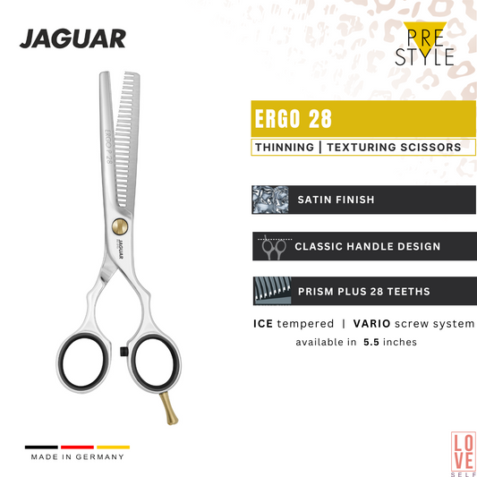 JAGUAR ERGO 28 5.5-inch texturing scissors with 28 thinning teeth, satin finish, and classic design for hairstylists. Affordable and reliable, also available in polished and pink finishes. Shown as part of the ERGO BASIC SET with matching hairdressing scissors