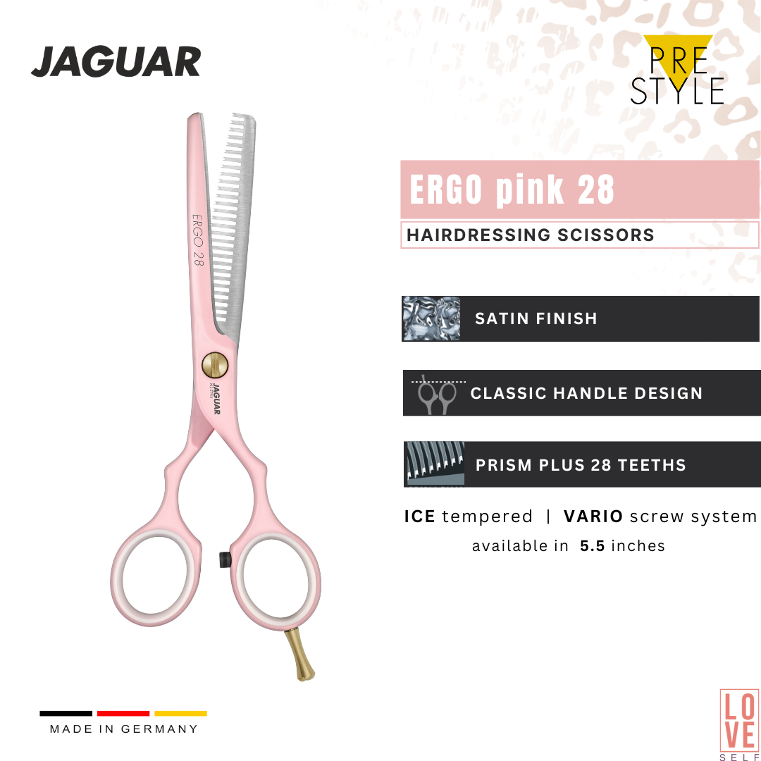 "JAGUAR ERGO 28 PINK 5.5” texturing scissors with vibrant pink coating, featuring 28 thinning teeth for precision styling. Nickel allergy-protection coating ensures safety, making these scissors ideal for professional hairstylists. Also available in polished and satin finishes