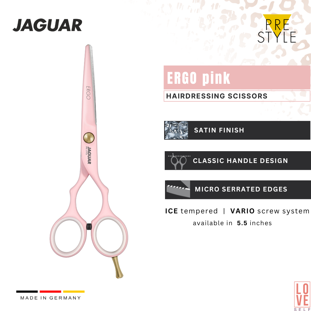 JAGUAR ERGO PINK 5.5-inch hairdressing scissors with a stylish pink design, featuring micro-serration for precise cutting. The high-quality coating protects against nickel allergies, making it a dependable and affordable choice for professional hairstylists.