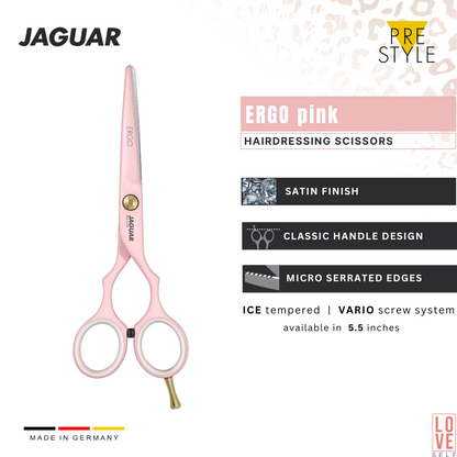 JAGUAR ERGO PINK 5.5-inch hairdressing scissors with a stylish pink design, featuring micro-serration for precise cutting. The high-quality coating protects against nickel allergies, making it a dependable and affordable choice for professional hairstylists.