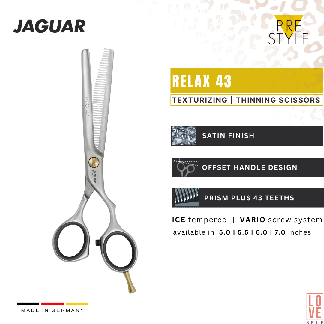 RELAX 43 Texturing Scissors by JAGUAR - 6.0-inch ergonomic offset design with sleek satin finish, offering quality, reliability, and affordability for professional stylists. Pair it with the matching RELAX hair scissors or the RELAX 28 texturing scissors with 28 teeth. Perfect tool for precise texturizing.