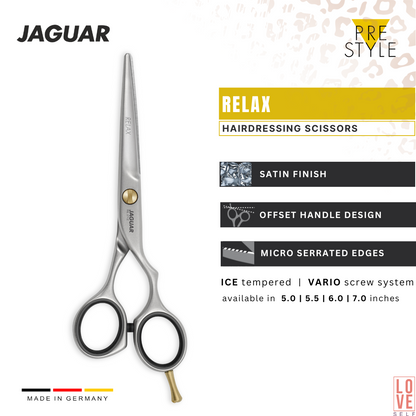 "JAGUAR RELAX hairdressing scissors with satin finish and offset design, featuring micro-serrations on one side for precise cutting. Available in polished finish (RELAX P) and slicing model (RELAX SLICE). Includes a BASIC SET with matching RELAX 28 texturing scissors. Also available in left-handed version.