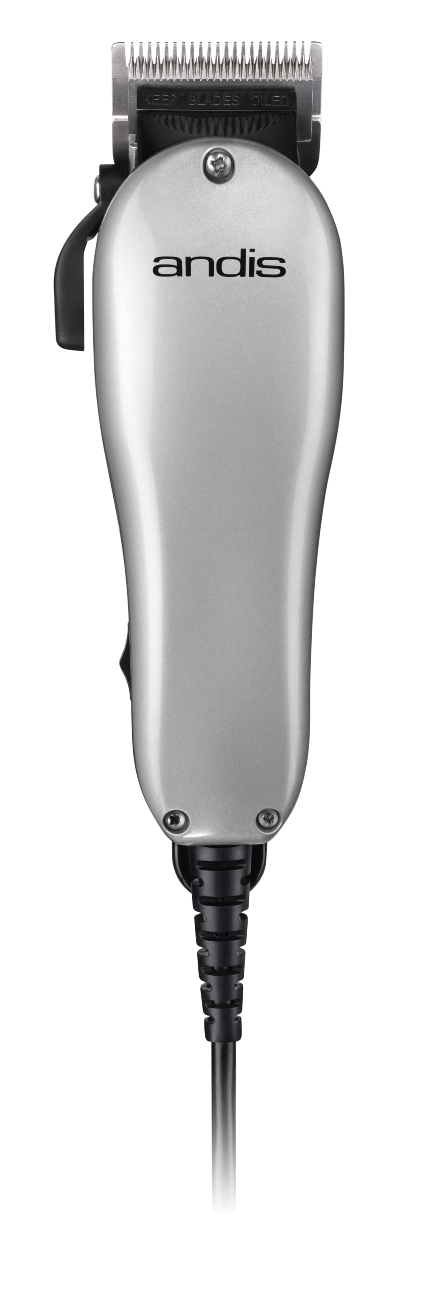 Silver Andis Easy Style Corded Hair Clipper with 7 attachment combs, stainless steel blade, and professional vibratory AC motor for home haircuts and beard trimming
