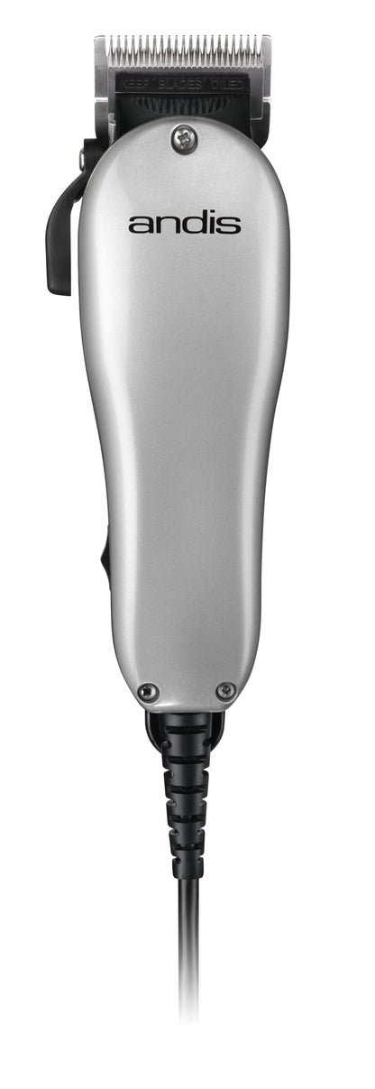 Silver Andis Easy Style Corded Hair Clipper with 7 attachment combs, stainless steel blade, and professional vibratory AC motor for home haircuts and beard trimming