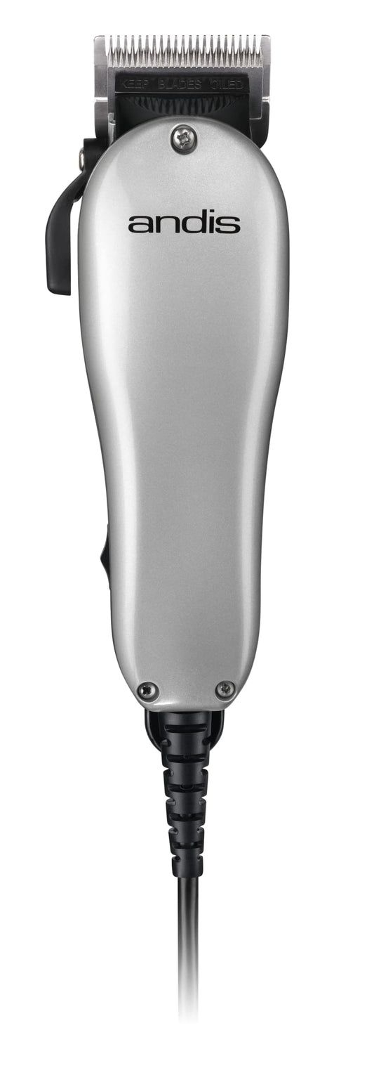 Silver Andis Easy Style Corded Hair Clipper with 7 attachment combs, stainless steel blade, and professional vibratory AC motor for home haircuts and beard trimming