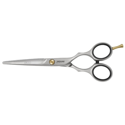 JAGUAR ERGO hairdressing scissors with a satin finish, classic design, and micro serration on one blade. Available in various sizes, these reliable, high-quality, and affordable scissors are ideal for hairstylists. Shown alongside the ERGO BASIC SET with matching texturing scissors ERGO 28.