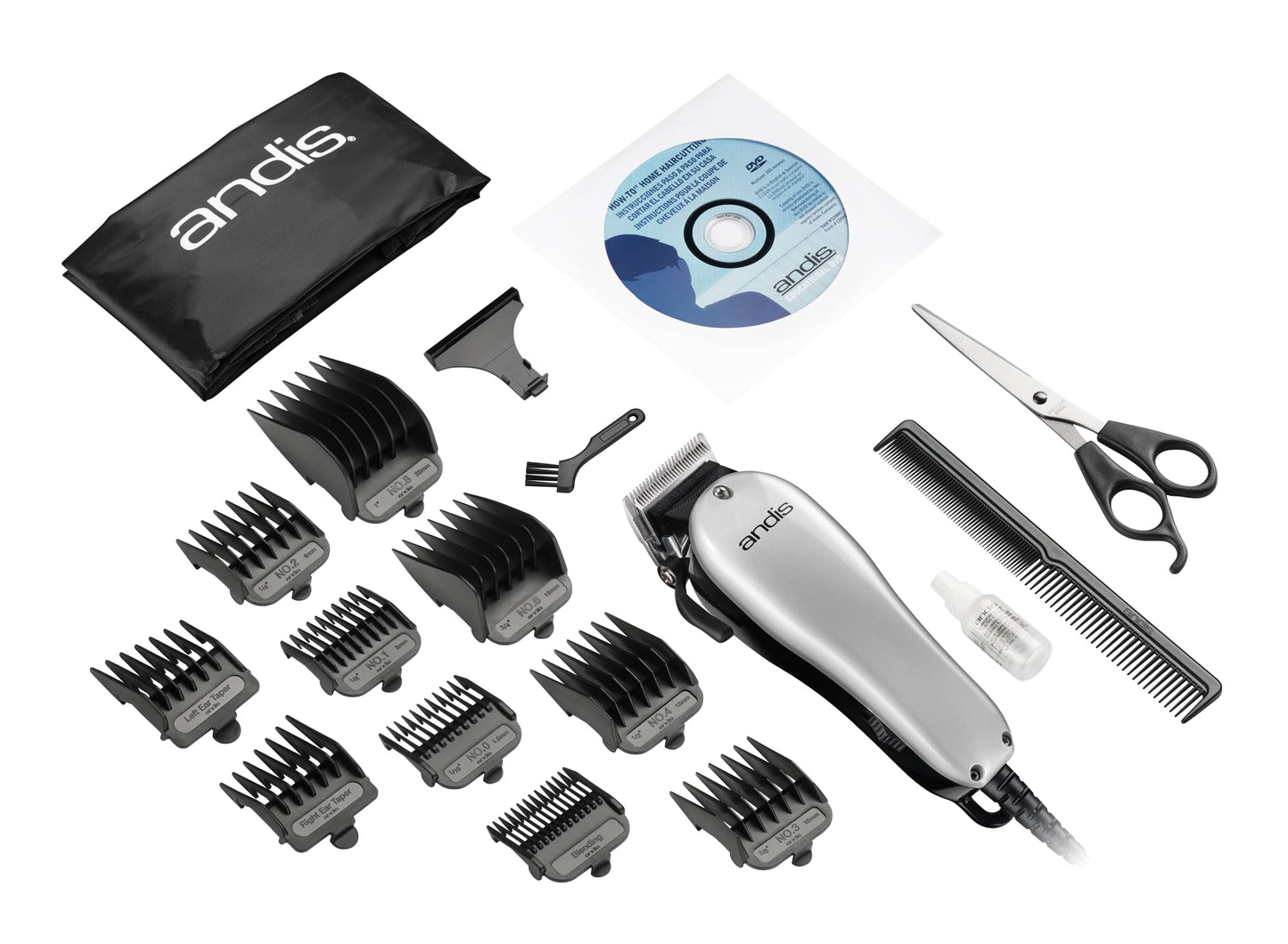 Silver Andis Easy Style Corded Hair Clipper with 7 attachment combs, stainless steel blade, and professional vibratory AC motor for home haircuts and beard trimming