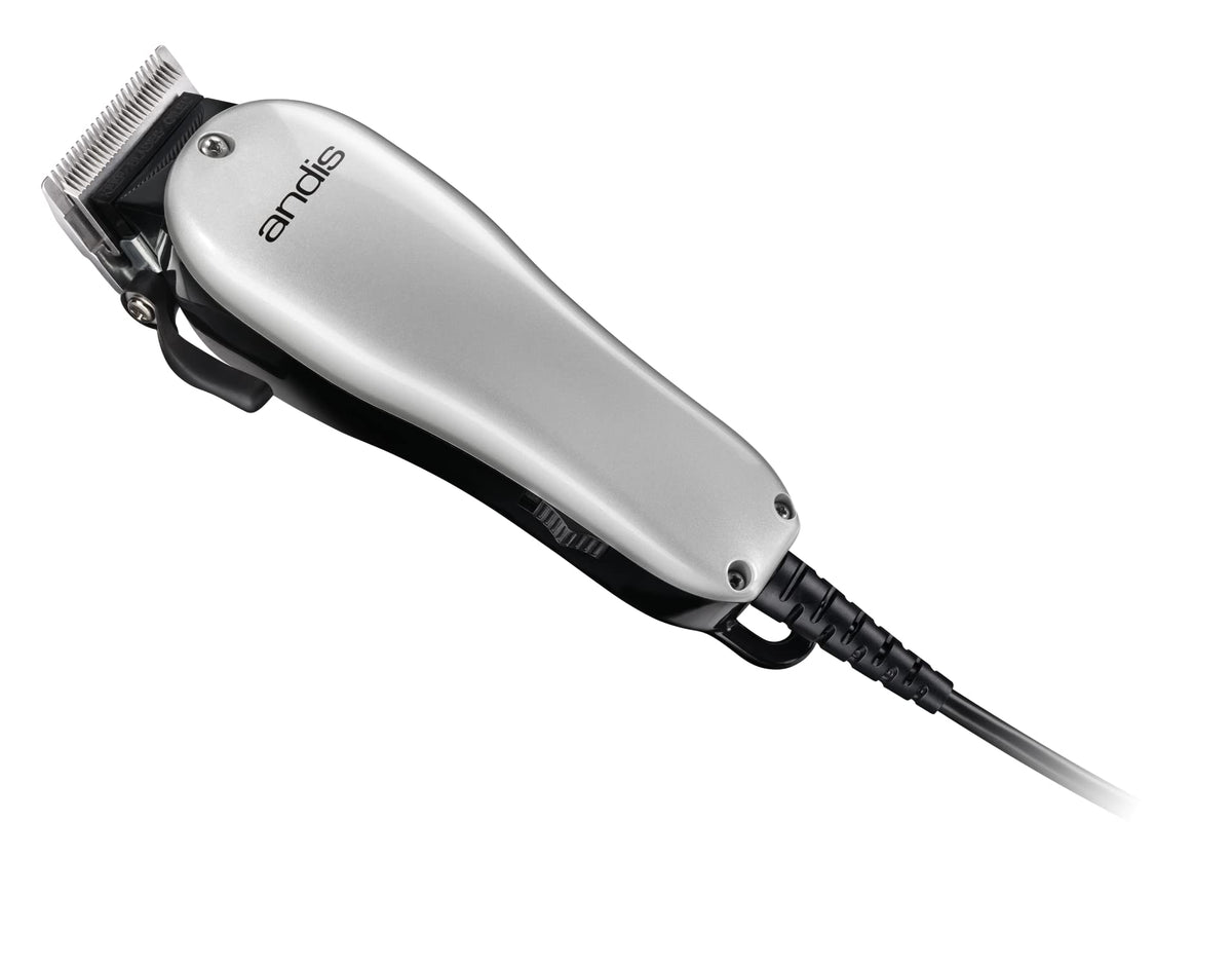 Silver Andis Easy Style Corded Hair Clipper with 7 attachment combs, stainless steel blade, and professional vibratory AC motor for home haircuts and beard trimming